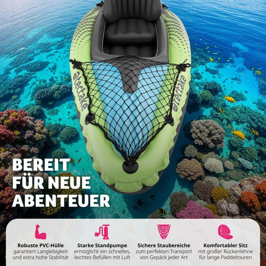 Tectake  Einerkajak Liberty aufblasbar, robust und leicht mit abnehmbarem Sitz, Doppelpaddel und Doppelhubpumpe 