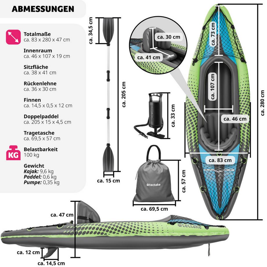Tectake  Einerkajak Liberty aufblasbar, robust und leicht mit abnehmbarem Sitz, Doppelpaddel und Doppelhubpumpe 