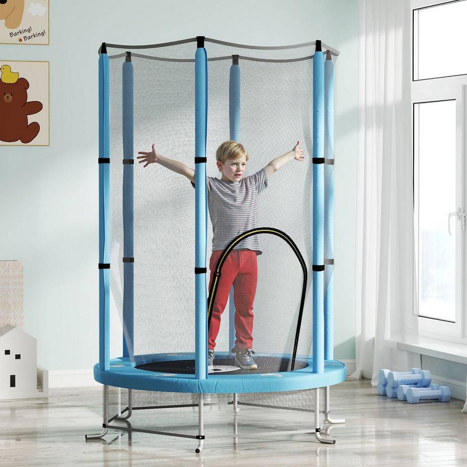 Northio  Trampoline pour enfants Ø140 cm, trampoline d'intérieur avec filet de sécurité recouvert de corde en caoutchouc, trampoline pour enfants avec porte zippée, motif calamar, pour enfants de 3 à 6 ans bleu clair | 