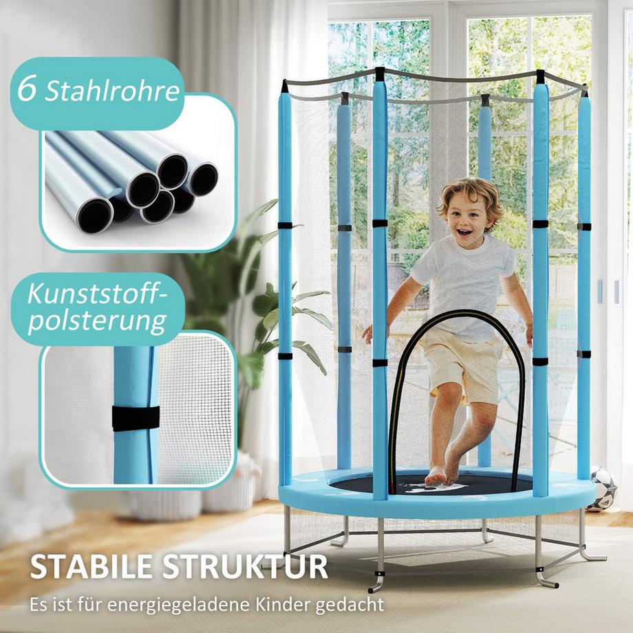 Northio  Trampoline pour enfants Ø140 cm, trampoline d'intérieur avec filet de sécurité recouvert de corde en caoutchouc, trampoline pour enfants avec porte zippée, motif calamar, pour enfants de 3 à 6 ans bleu clair | 
