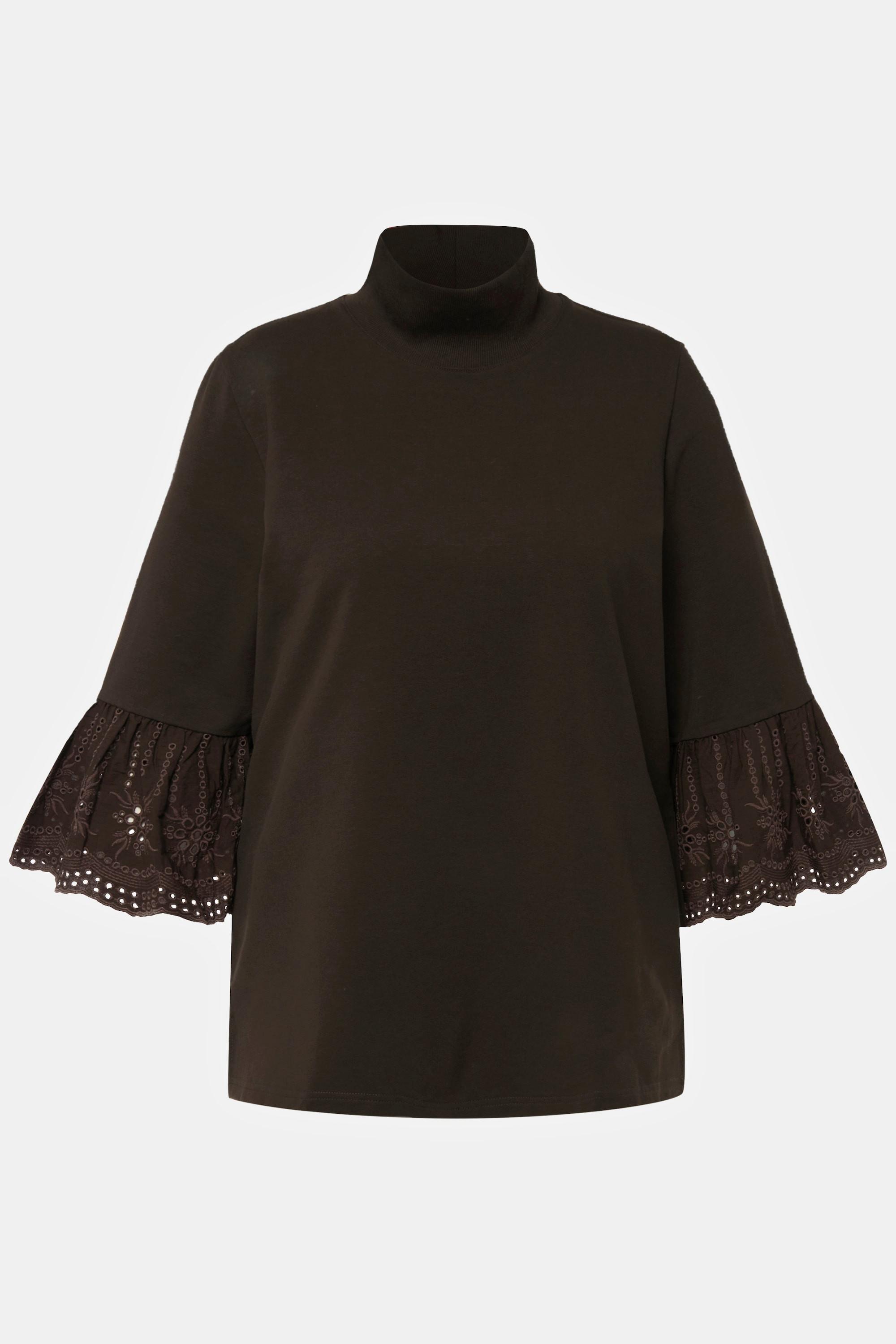 Ulla Popken  Felpa con pizzo, collo alto, maniche a 3/4 e cotone biologico 