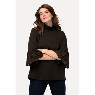 Ulla Popken  Sweat-shirt à col montant et manches 3/4, dentelle et coton bio 