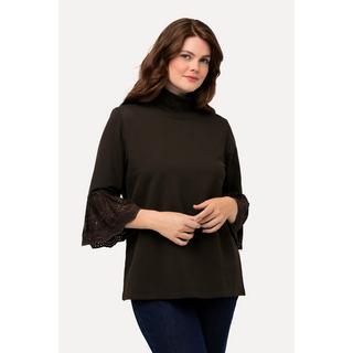 Ulla Popken  Sweat-shirt à col montant et manches 3/4, dentelle et coton bio 