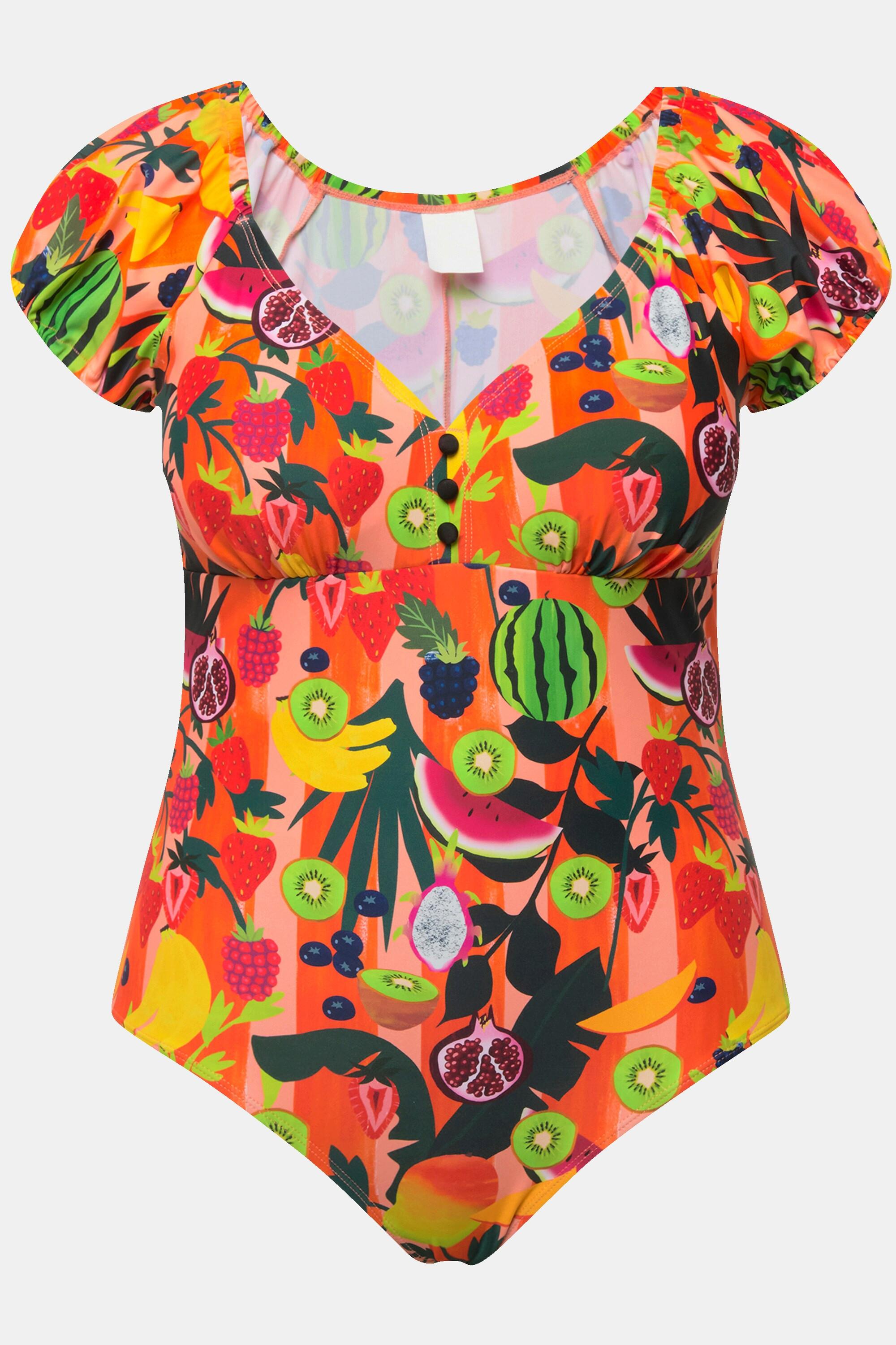 Ulla Popken Costume da bagno Stampa frutta Coppe morbide Mezze maniche a sbuffo  