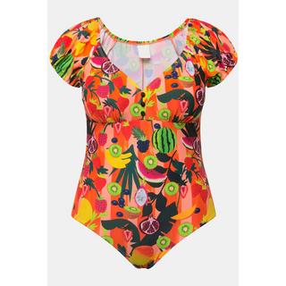 Ulla Popken  Maillot de bain à bonnets souples. Imprimé fruits et manches courtes bouffantes. 