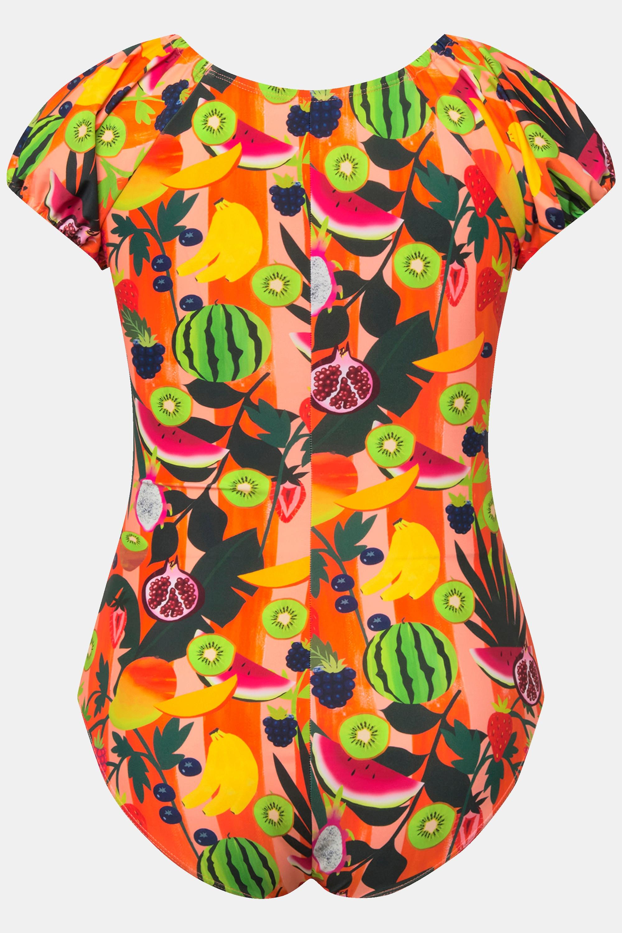 Ulla Popken Costume da bagno Stampa frutta Coppe morbide Mezze maniche a sbuffo  