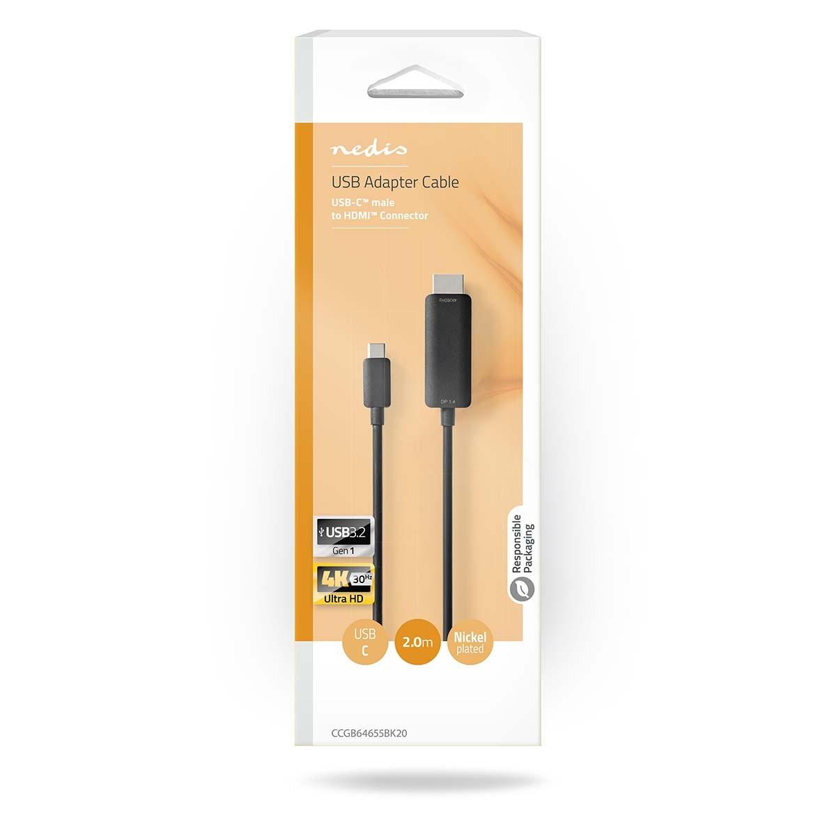 Nedis  Adaptateur USB-C™ | USB 3.2 Gen 1 | USB-C™ mâle | HDMI™ Connecteur | 4K@60Hz | 2,00 m | Rond | Nickelé | PVC | Noir | Boîte 