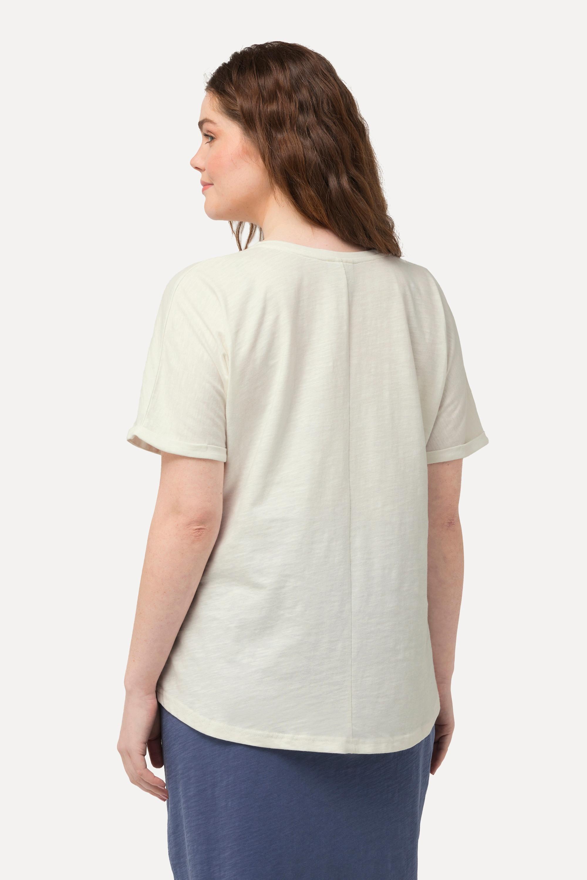 Ulla Popken  T-Shirt, Flockdruck, V-Ausschnitt, Halbarm, Biobaumwolle 