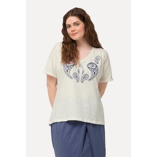 Ulla Popken T-shirt stampa floccata scollo a V mezze maniche cotone biologico  