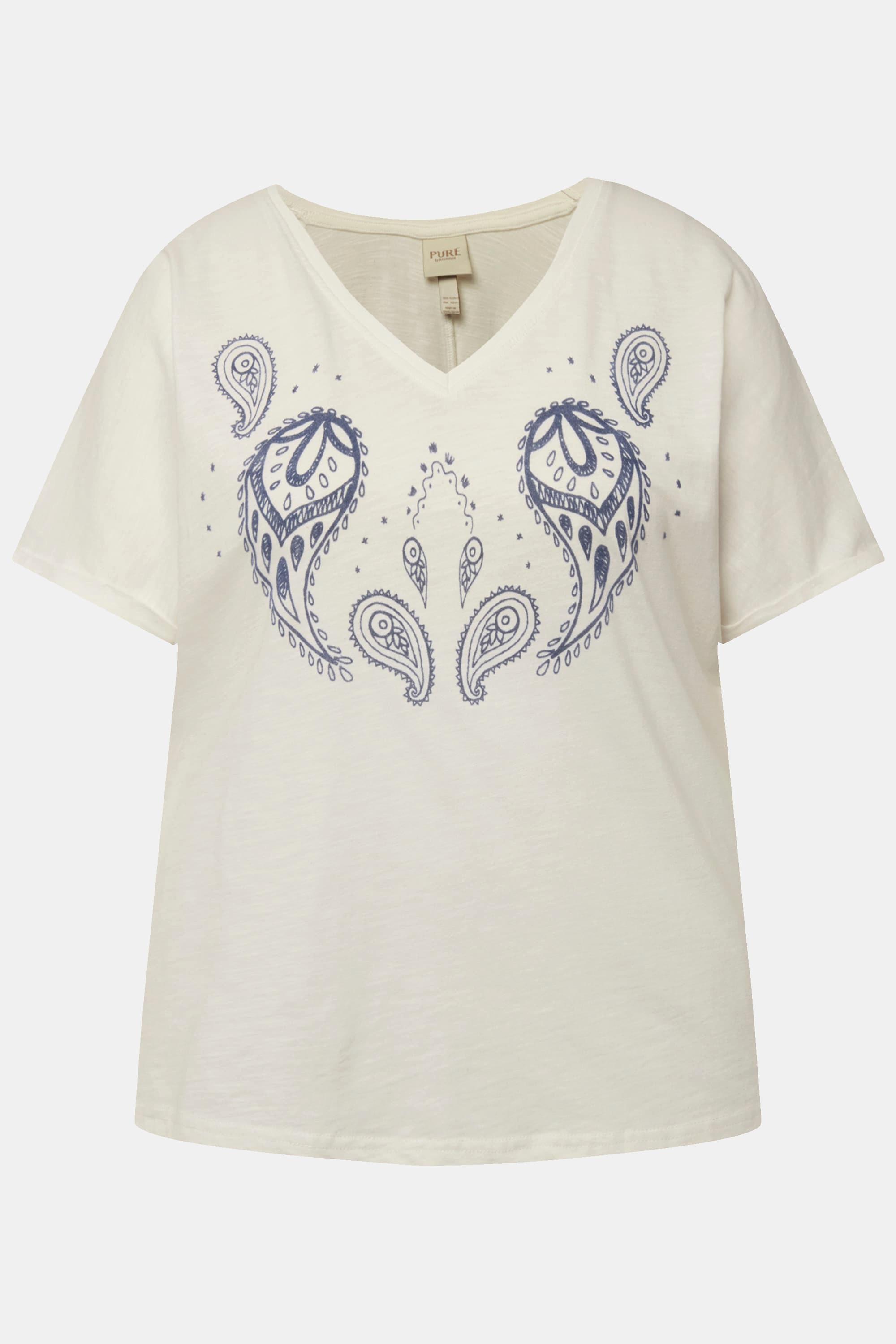 Ulla Popken T-shirt stampa floccata scollo a V mezze maniche cotone biologico  