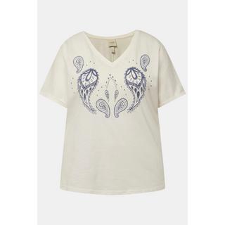 Ulla Popken T-shirt stampa floccata scollo a V mezze maniche cotone biologico  