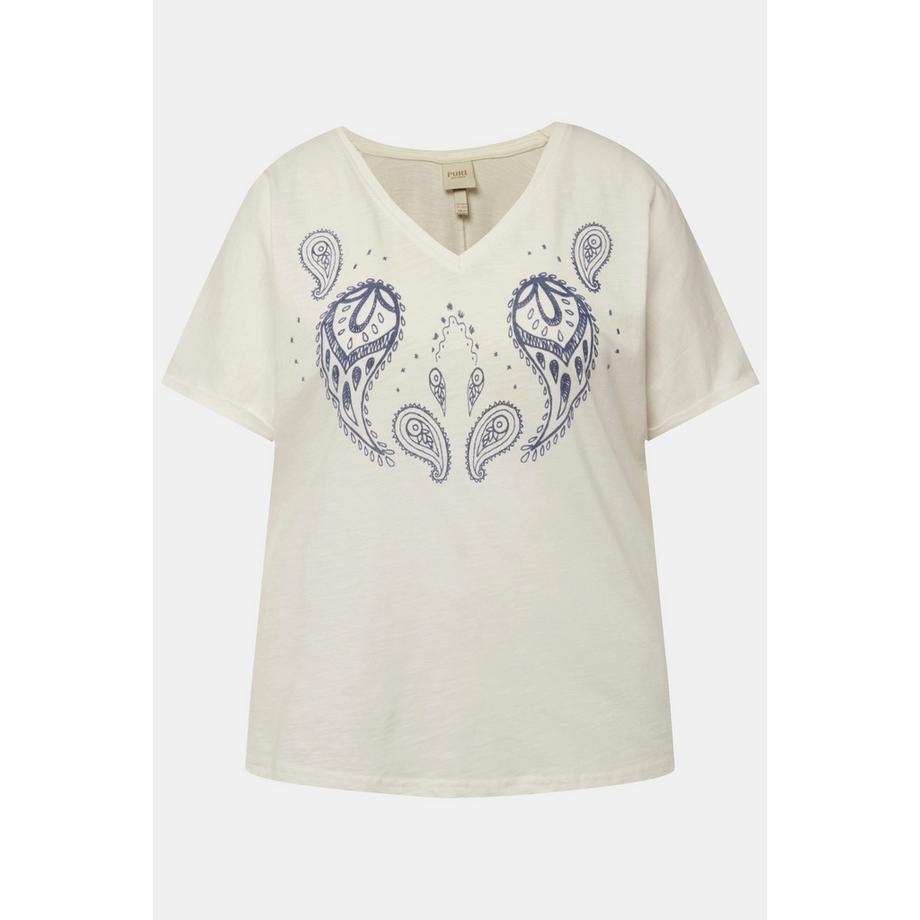 Ulla Popken T-shirt stampa floccata scollo a V mezze maniche cotone biologico  