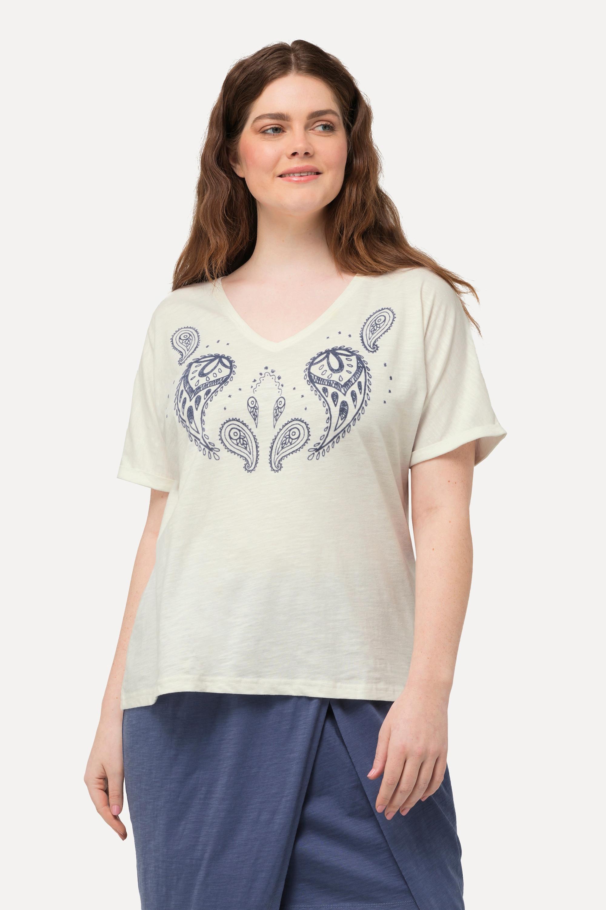 Ulla Popken  T-Shirt, Flockdruck, V-Ausschnitt, Halbarm, Biobaumwolle 