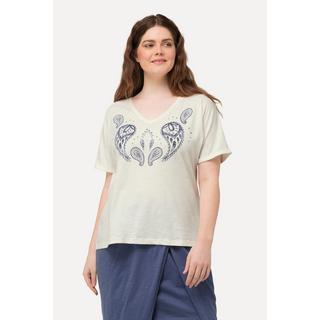 Ulla Popken T-shirt stampa floccata scollo a V mezze maniche cotone biologico  