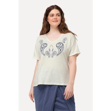 T-shirt con stampa floccata, scollo a V, mezze maniche e cotone biologico