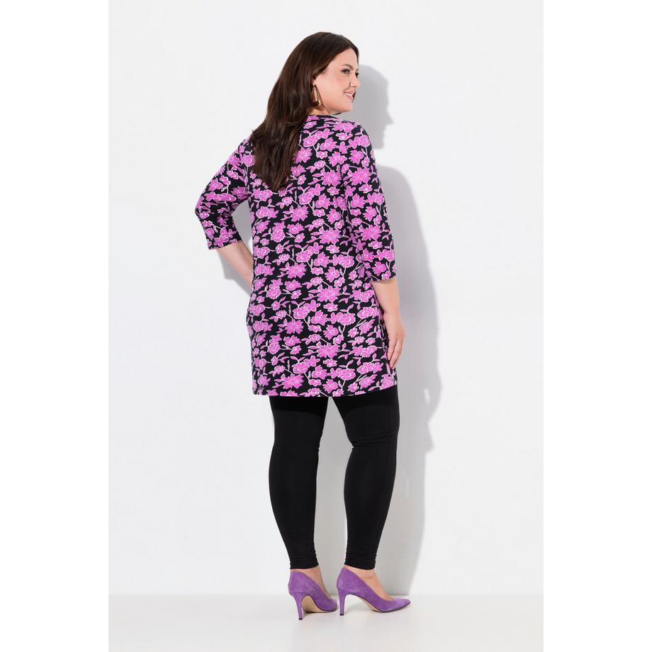 Ulla Popken Maglia Lunga Nervature Taglio Svasato Scollo a V Maniche 3/4  