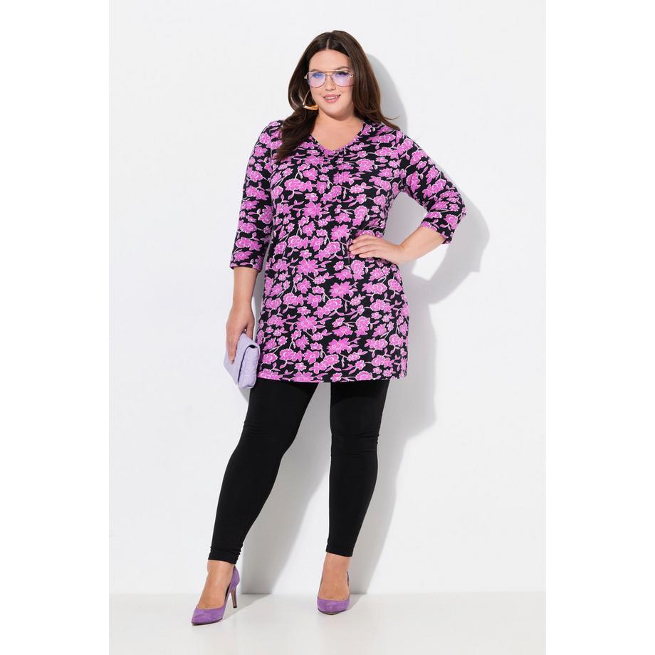 Ulla Popken Maglia Lunga Nervature Taglio Svasato Scollo a V Maniche 3/4  