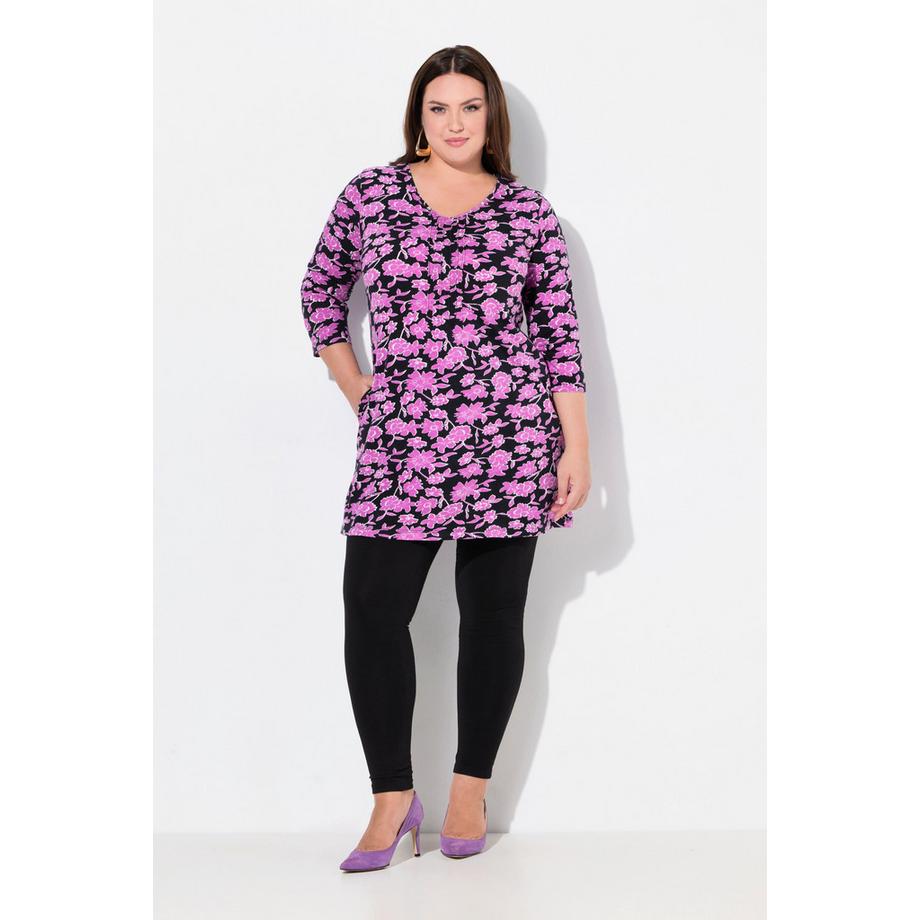 Ulla Popken Maglia Lunga Nervature Taglio Svasato Scollo a V Maniche 3/4  