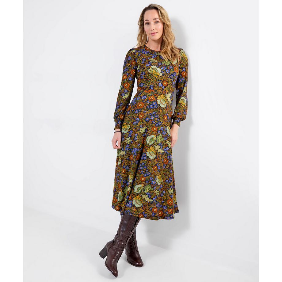 Robe Longue en Jersey à Manches Longues Fleurs Vintage
