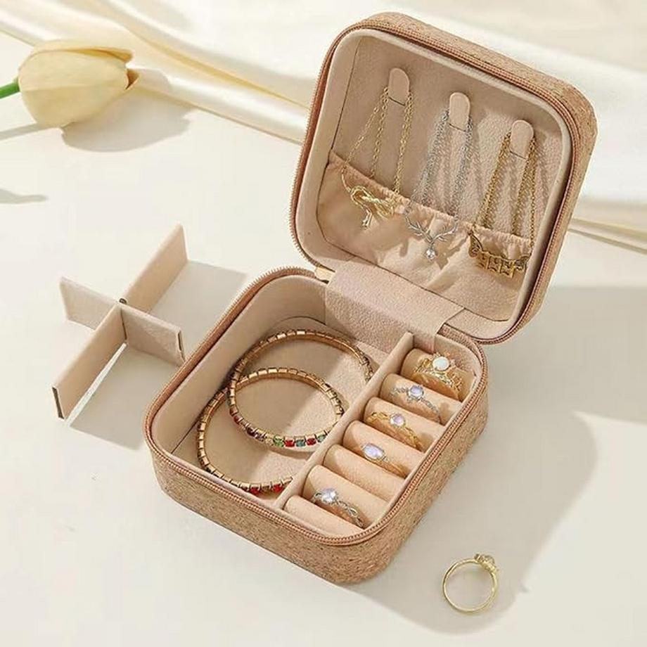 Only-bags.store  Vintage-inspirierte Schmuckschatulle mit Holzmaserung - kompakter, quadratischer Organizer mit mehreren Fächern für Ringe und Ohrringe, Aufbewahrungslösung mit Reißverschluss und Stoffauskleidung 