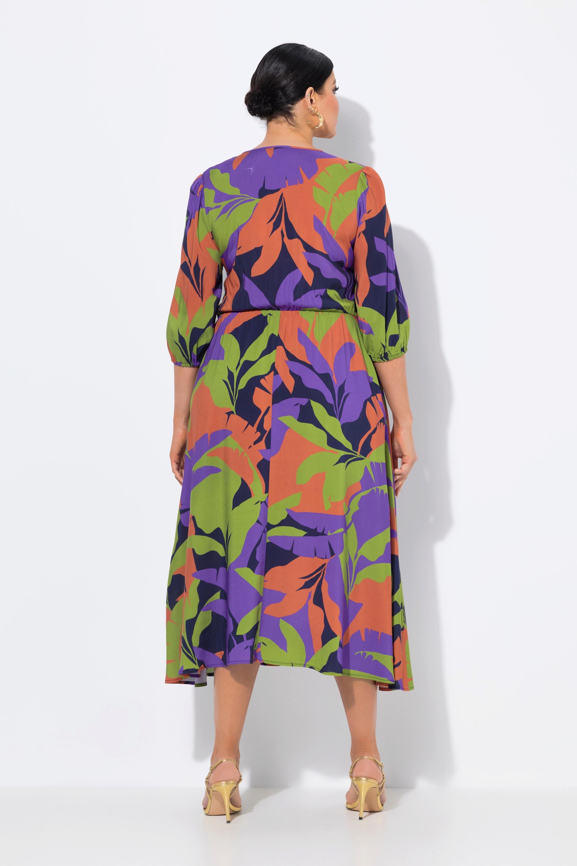 Ulla Popken Abito midi foglie linea ad A scollo a V manica 3/4  