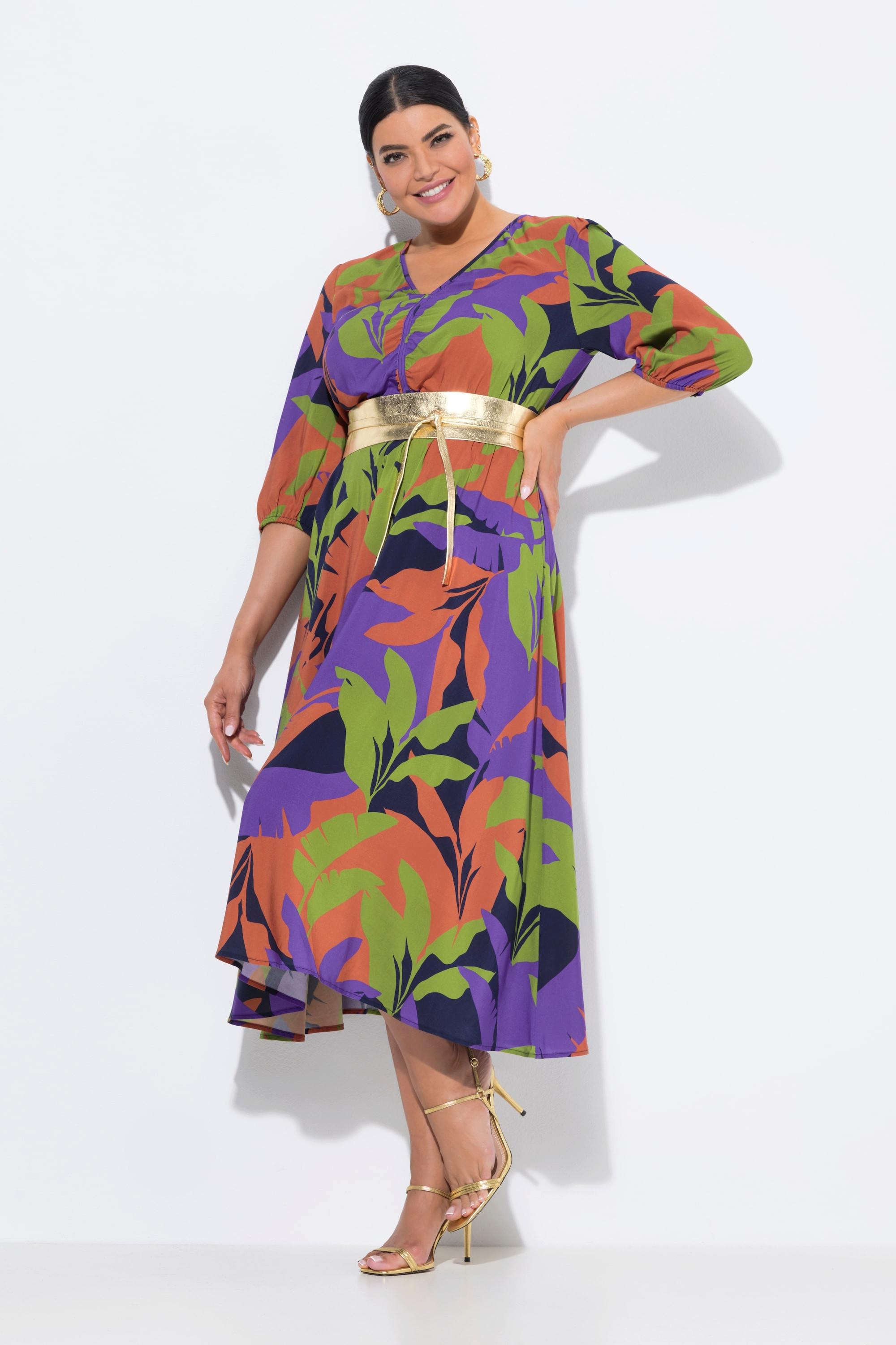 Ulla Popken Abito midi foglie linea ad A scollo a V manica 3/4  