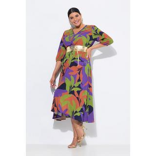 Ulla Popken Abito midi foglie linea ad A scollo a V manica 3/4  