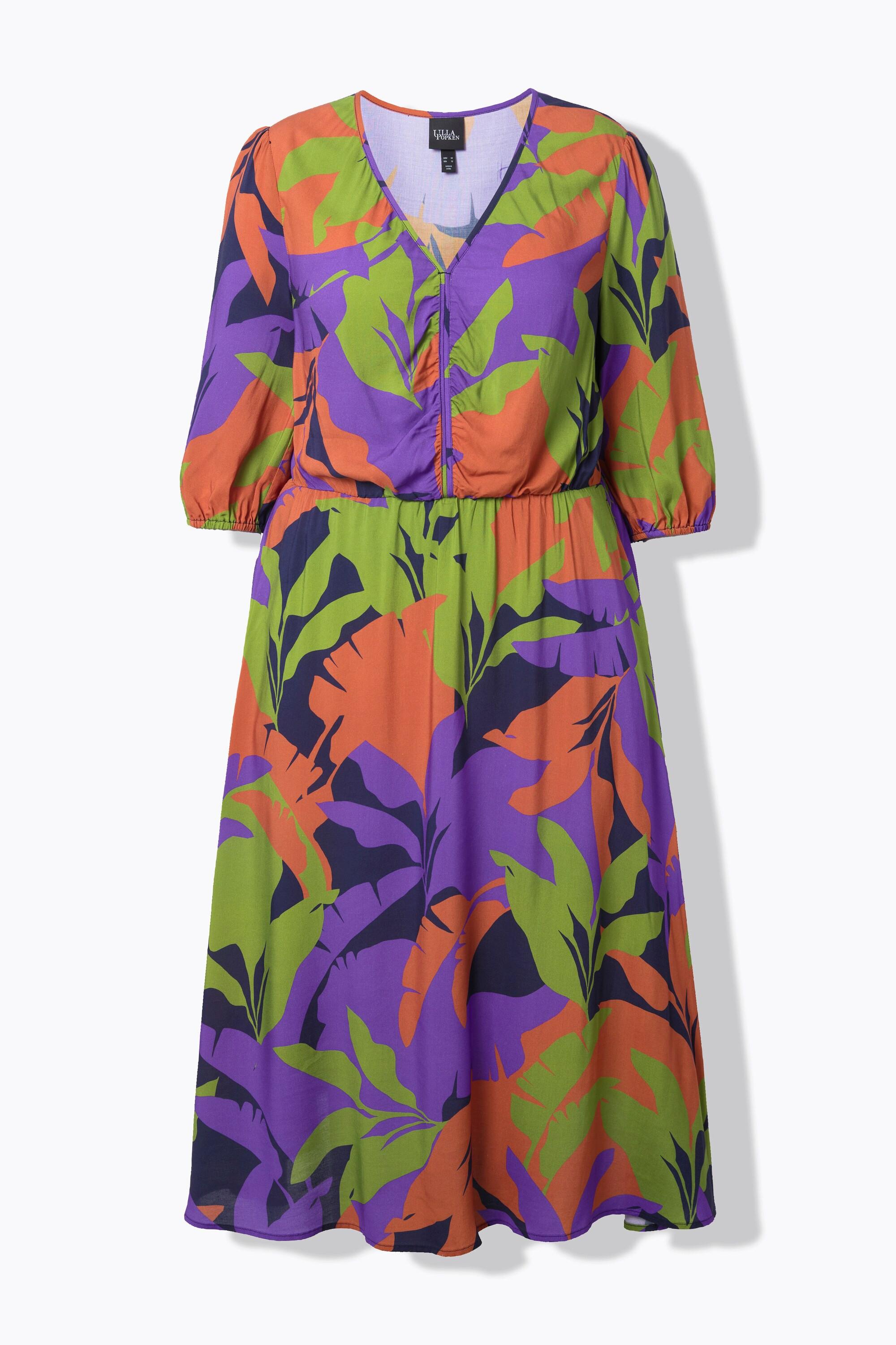 Ulla Popken Abito midi foglie linea ad A scollo a V manica 3/4  