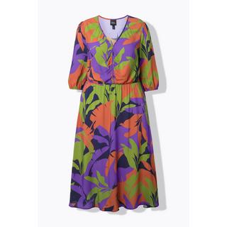 Ulla Popken Abito midi foglie linea ad A scollo a V manica 3/4  