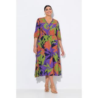 Ulla Popken Abito midi foglie linea ad A scollo a V manica 3/4  