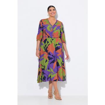 Midikleid, Blätter, A-Linie, V-Ausschnitt, 3/4-Arm