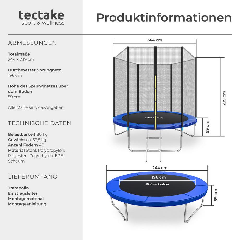 Tectake  Trampolino Garfunky Ø 244 cm, certificato GS 