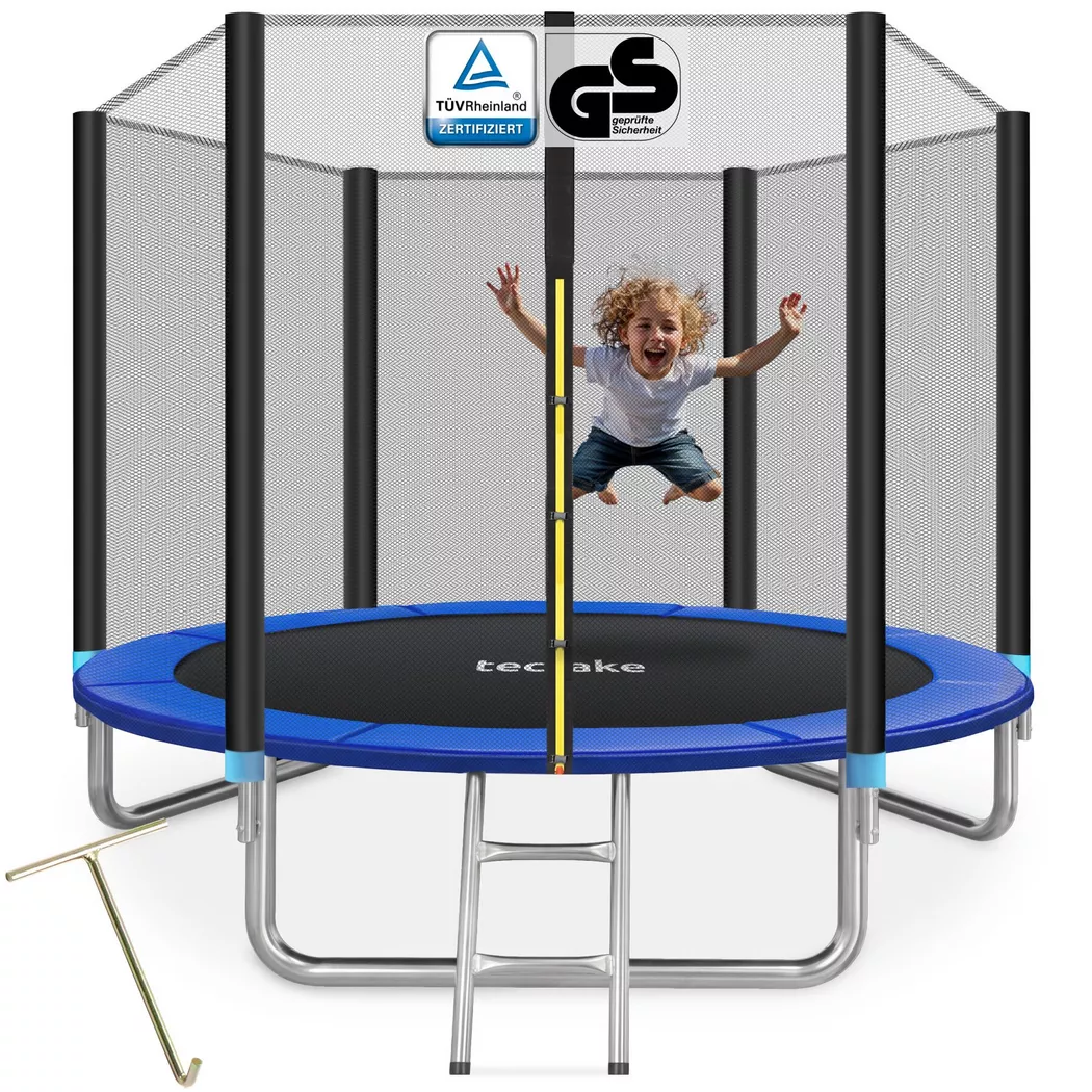 tectake® Trampolin, Ø 244 cm,  GS zertifiziert, Randabdeckung, inklusive Einstiegsleiter