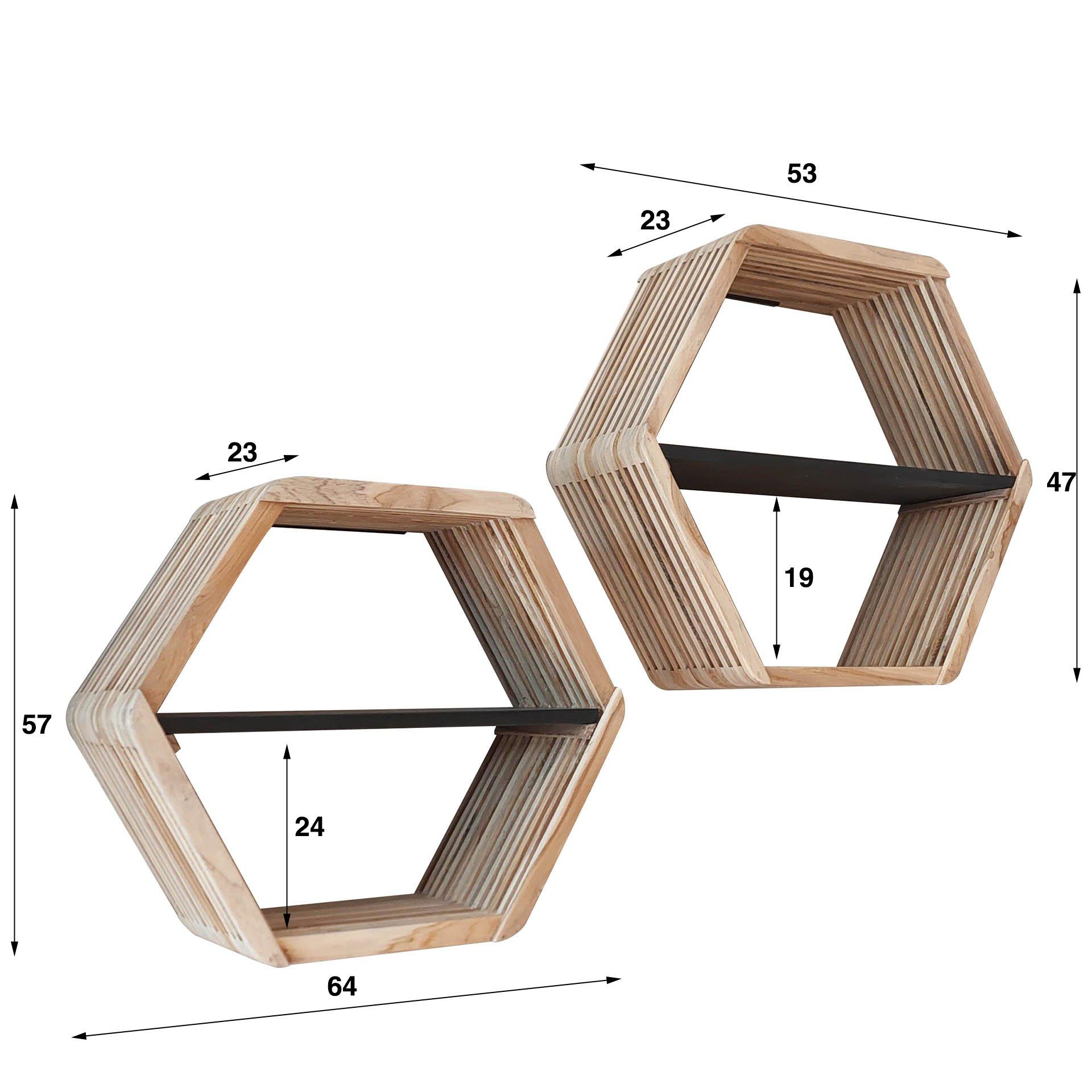 mutoni Étagère murale hexagonale en teck patiné (Ensemble de 2)  