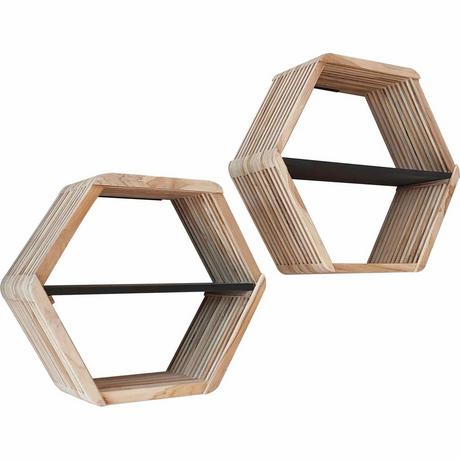 mutoni Wandregal Hexagon verwittertes Teakholz (2er-Set)  