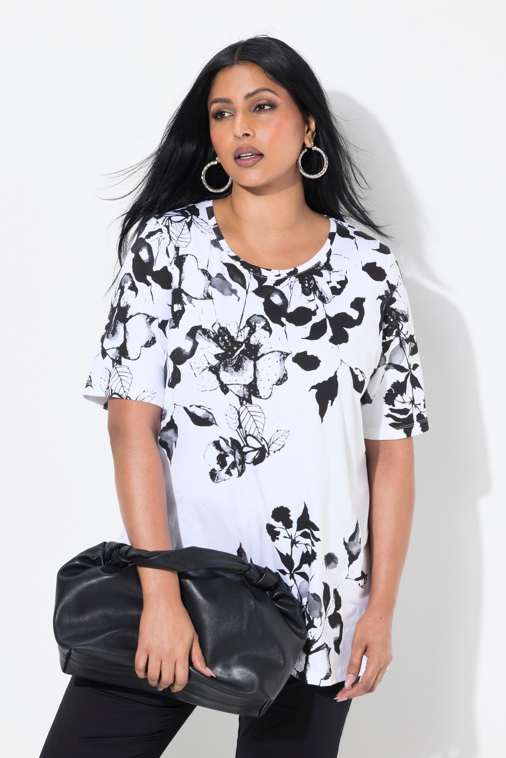 Ulla Popken T-shirt floreale taglio svasato scollo rotondo mezze maniche  