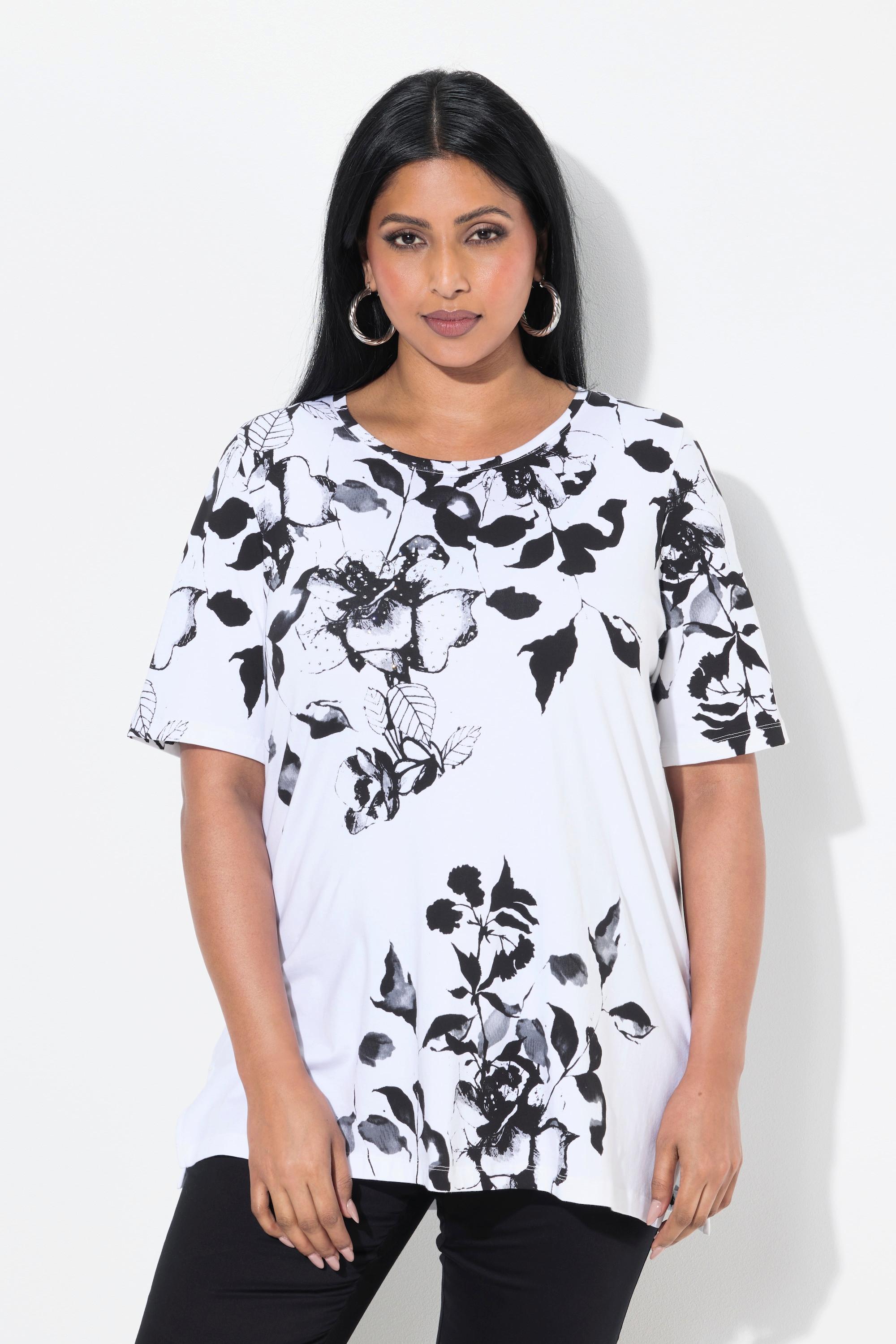 Ulla Popken T-shirt floreale taglio svasato scollo rotondo mezze maniche  