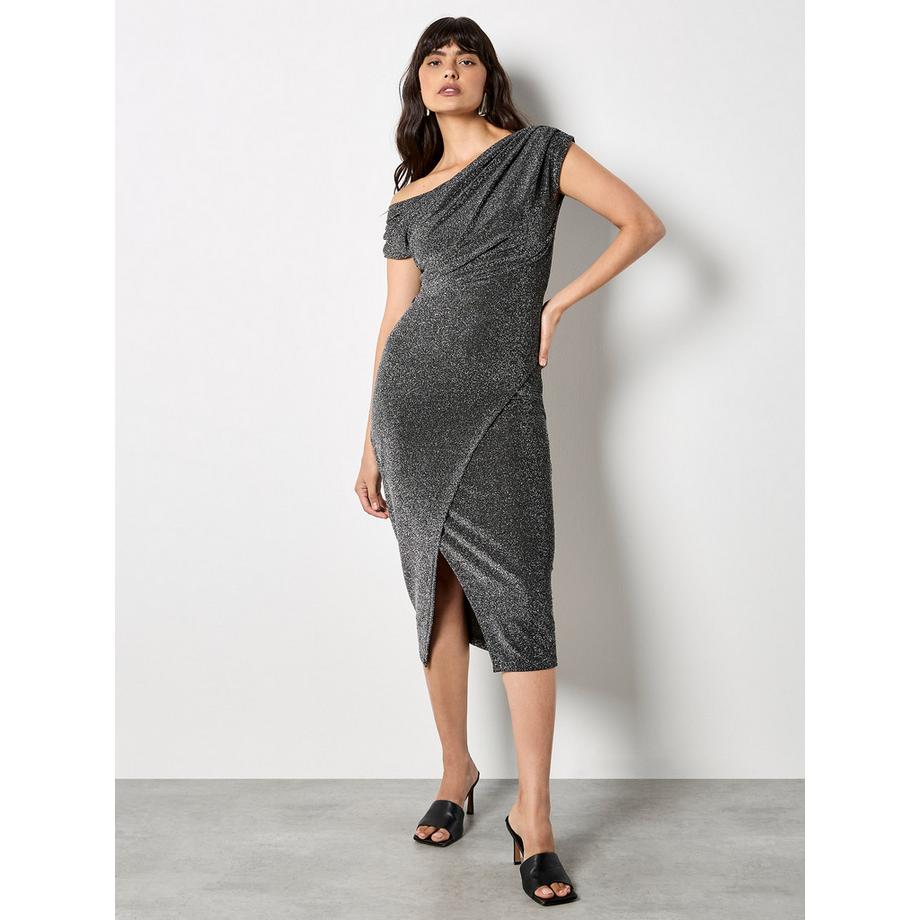 Robe mi-longue drapée aux épaules avec effet chatoyant