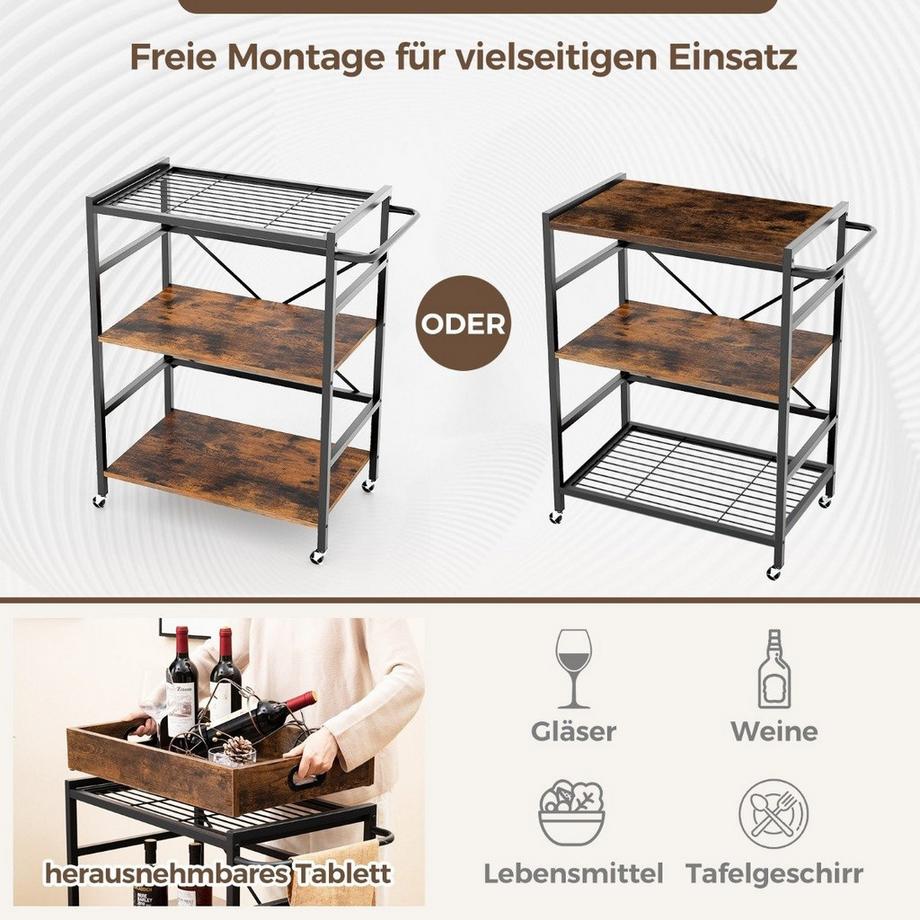 3 stufiger Servierwagen Küchenwagen mit abnehmbarem Tablett & Griff 73 x 40 x 94 cm Braun+Schwarz