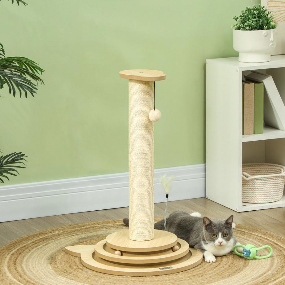 Northio  4-in-1 Kratzstamm, 69cm Kratzsäule, Sisal-Katzenkratzbaum mit Spielball, Kratzbaum für Katzen, Katzen Kratzmöbel, Indoor, Eiche 