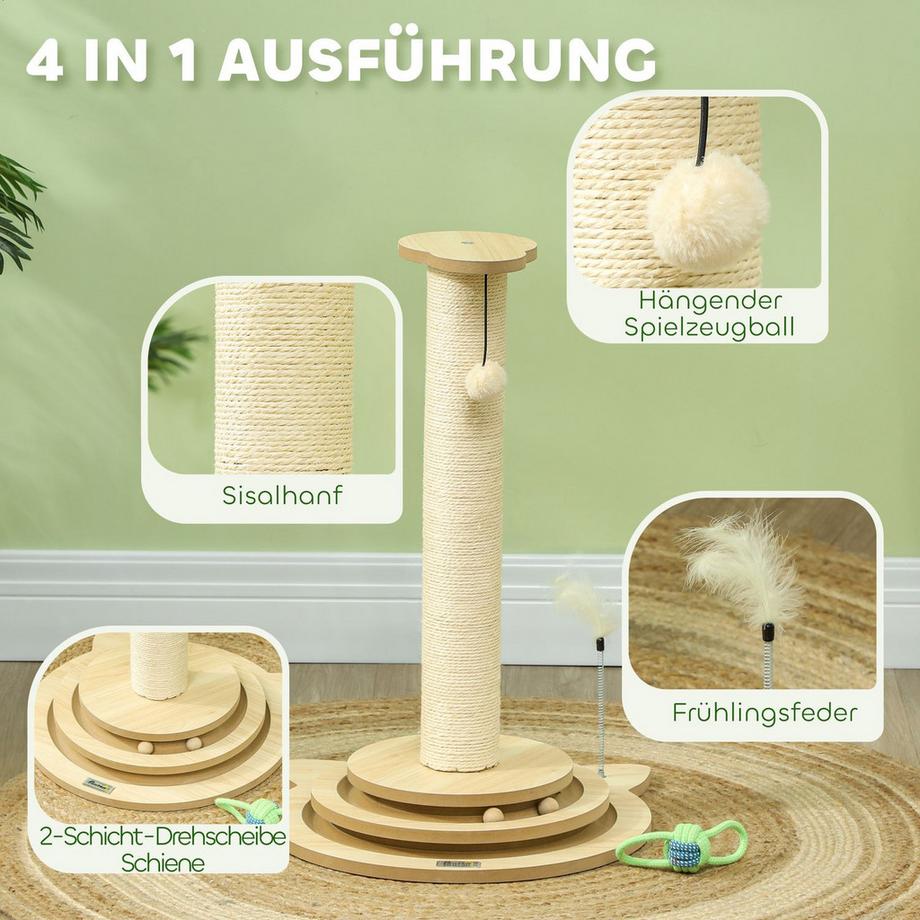 Northio  4-in-1 Kratzstamm, 69cm Kratzsäule, Sisal-Katzenkratzbaum mit Spielball, Kratzbaum für Katzen, Katzen Kratzmöbel, Indoor, Eiche 