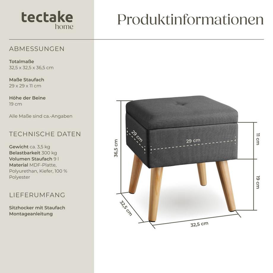 Tectake Sitzhocker mit Stauraum Elva quadratisch Belastbarkeit 300 kg  