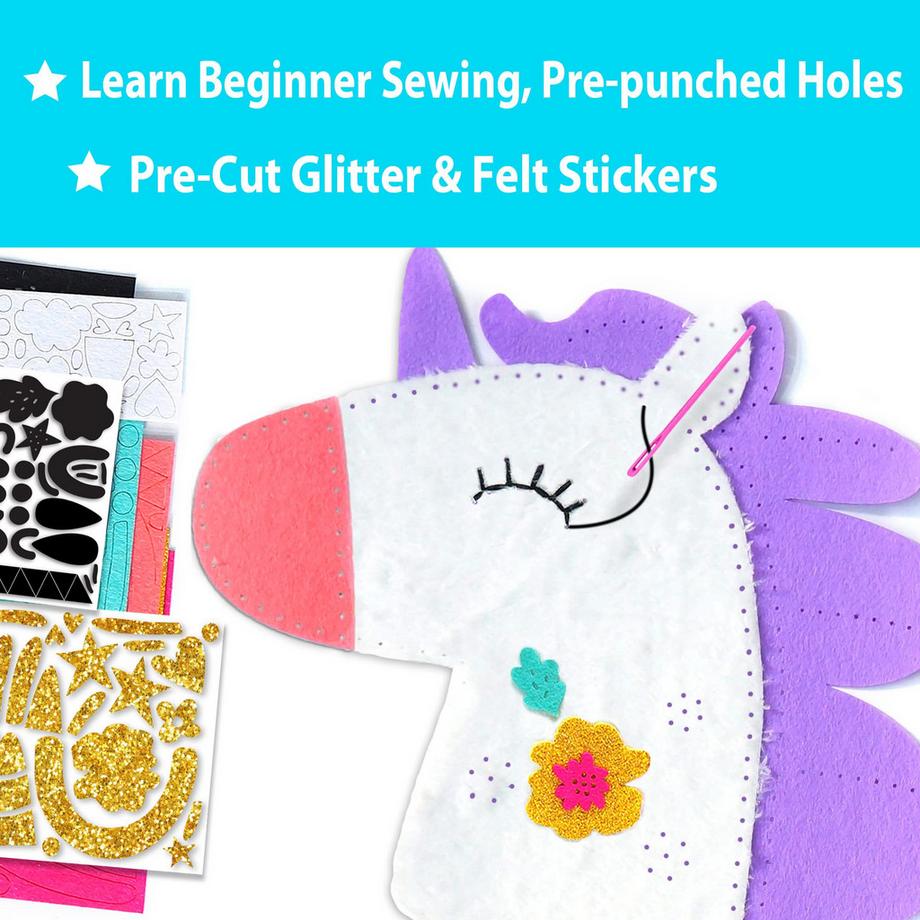Activity-board  My First Sewing Unicorn kit de couture pour enfants, 5 projets mignons avec peluche, coussin, mobile, porte-clés et sac, instructions et feutrine 