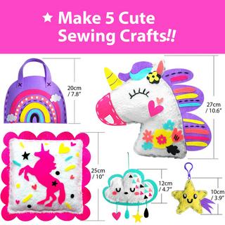 Activity-board  My First Sewing Unicorn kit de couture pour enfants, 5 projets mignons avec peluche, coussin, mobile, porte-clés et sac, instructions et feutrine 