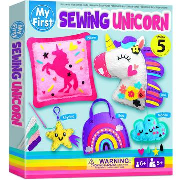 My First Sewing Unicorn Nähset für Kinder, 5 niedliche Projekte mit Stofftier, Kissen, Mobile, Schlüsselanhänger und Tasche, Anleitung und Filz