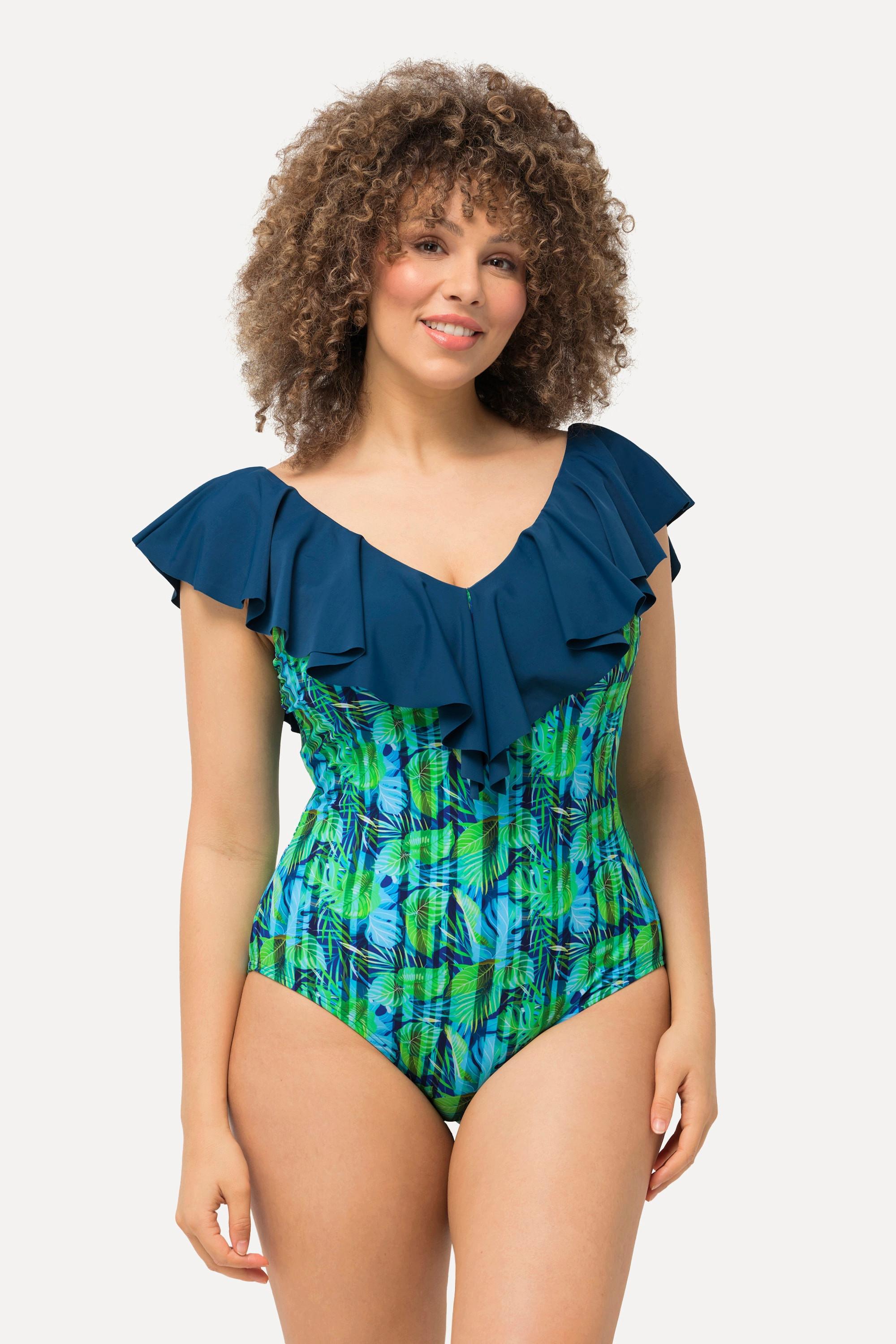 Ulla Popken Costume da bagno Fiori Righe Coppe Morbide Volant  