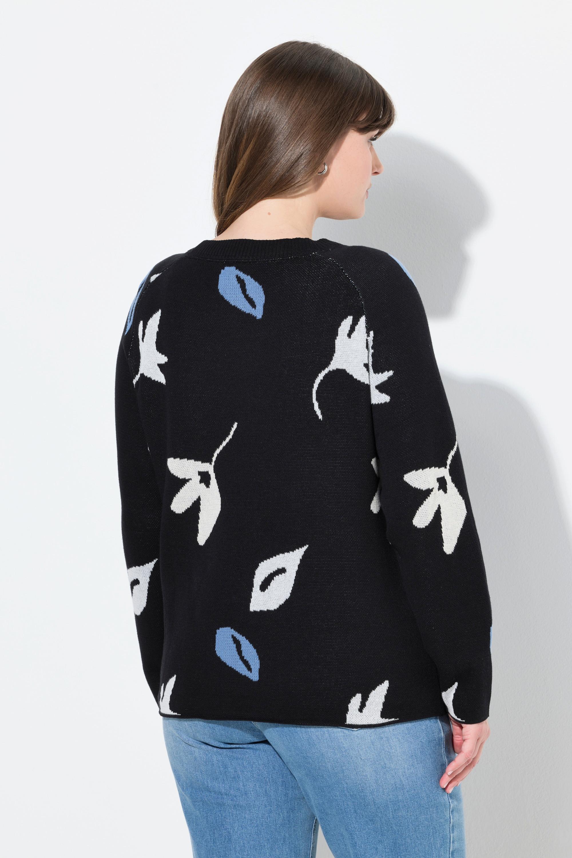 Ulla Popken Maglione Motivo Foglie Scollo a Barca Maniche Lunghe Cotone Biologico  