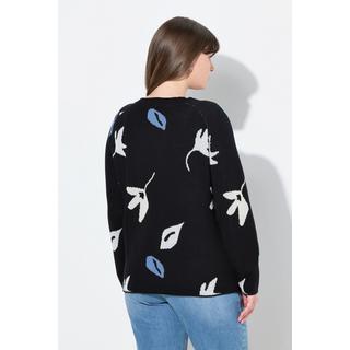 Ulla Popken Maglione Motivo Foglie Scollo a Barca Maniche Lunghe Cotone Biologico  