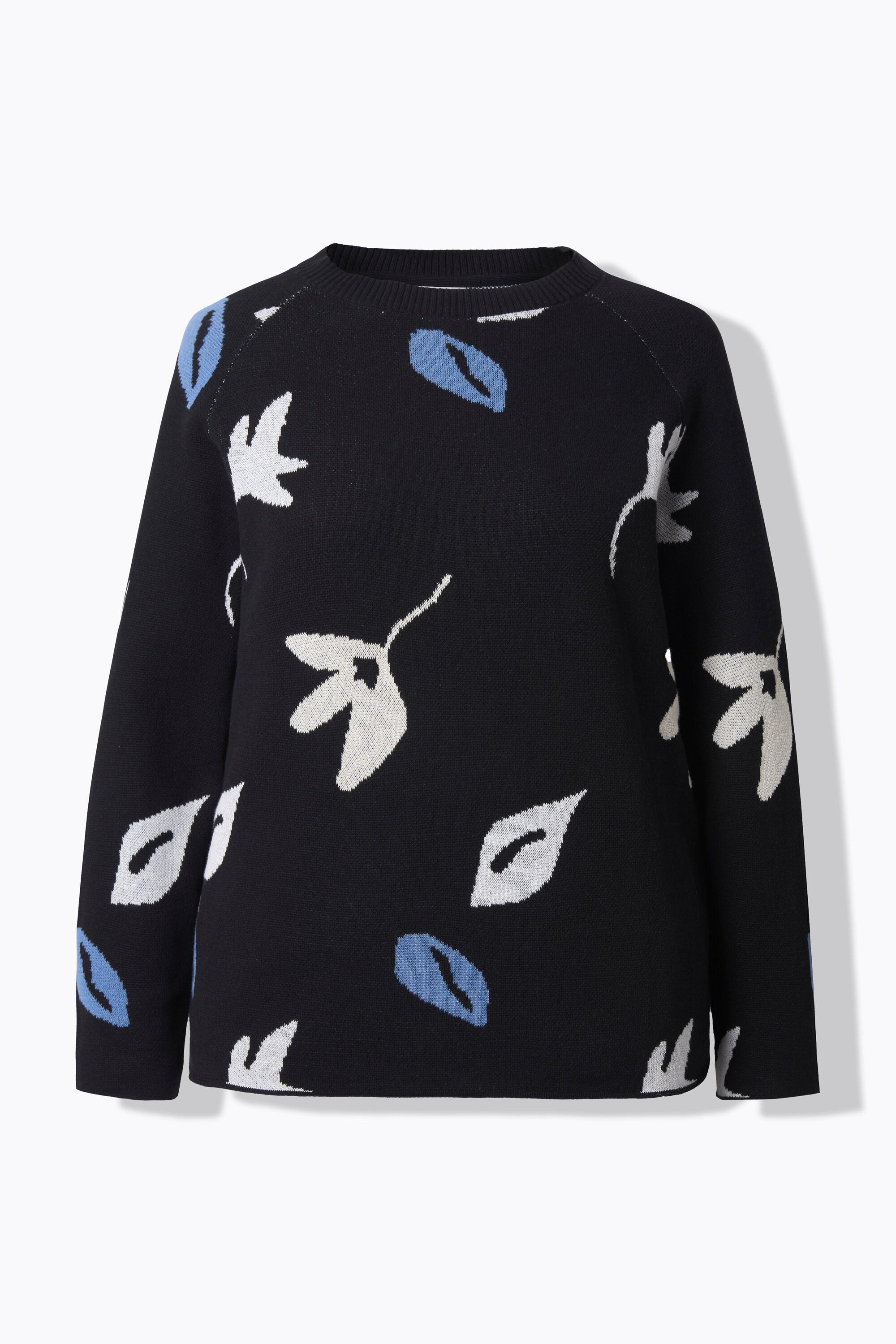 Ulla Popken Maglione Motivo Foglie Scollo a Barca Maniche Lunghe Cotone Biologico  