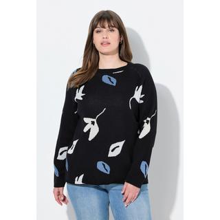 Ulla Popken Maglione Motivo Foglie Scollo a Barca Maniche Lunghe Cotone Biologico  